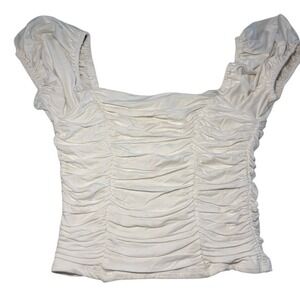 Forever 21 White Ruched Puff Sleeve Square Neck Crop Top Small NWT